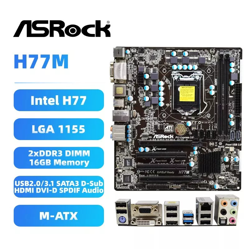 ASRock LGA1155 เมนบอร์ด H77M Intel H77 DDR3 SATA3 HDMI DVI-D VGA SPDIF เสียงสําหรับ Intel Core i7-37