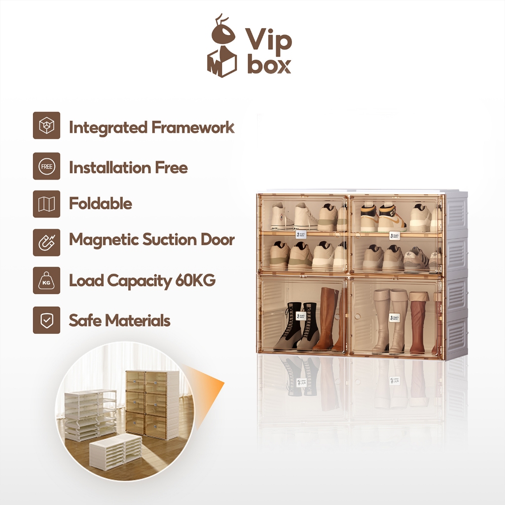 ANTBOX 12คู่ ตู้ใส่รองเท้า ประตูแม่เหล็ก สามารถซ้อนได้หลายชั้น ตู้รองเท้ากันน้ํานอกบ้าน โปร่งใส แข็ง