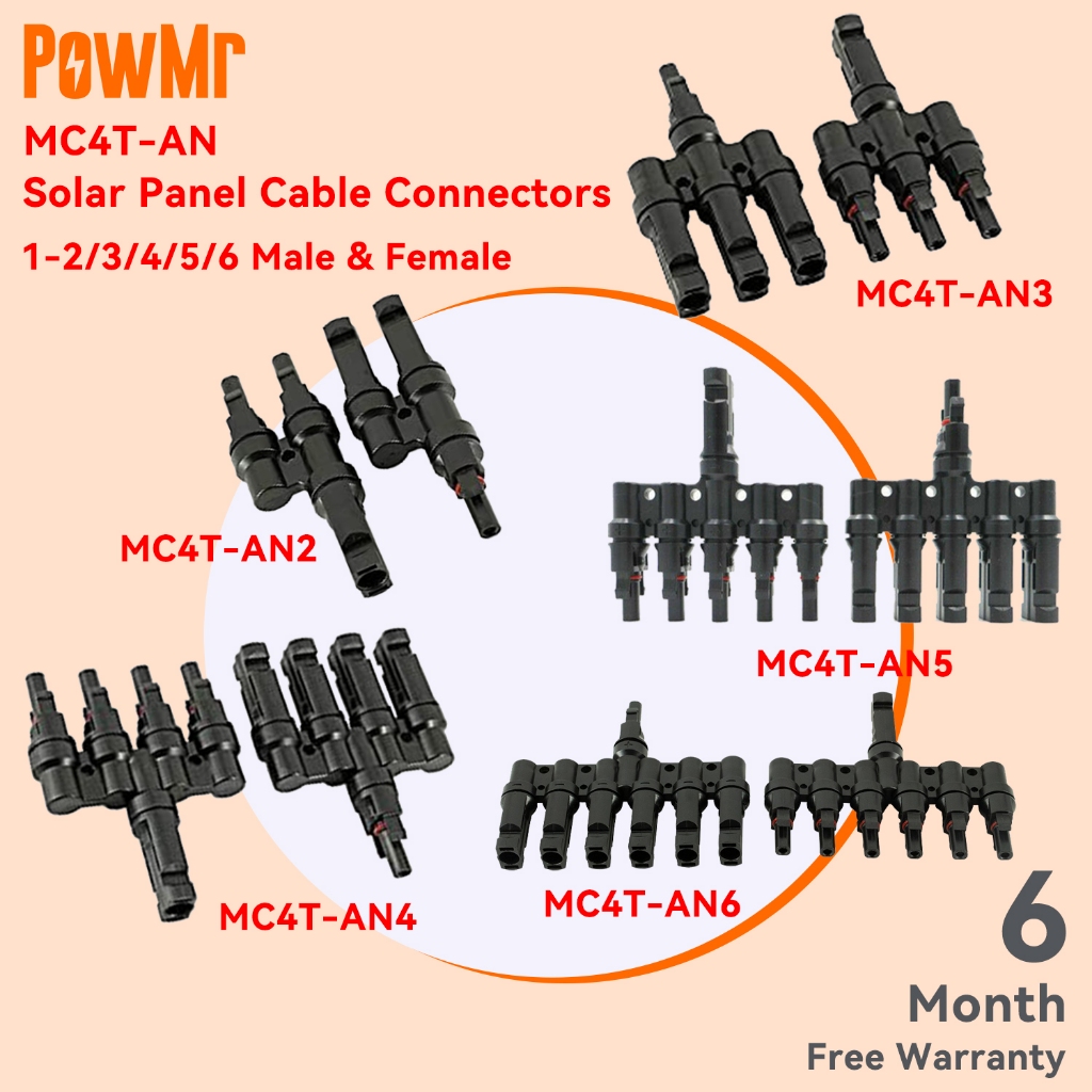 Powmr One คู่ MC4 T สาขาแผงพลังงานแสงอาทิตย์ตัวเชื่อมต่อสายเคเบิลชายและหญิง 1-2/3/4/5/6 กันน้ํา MC4T-AN