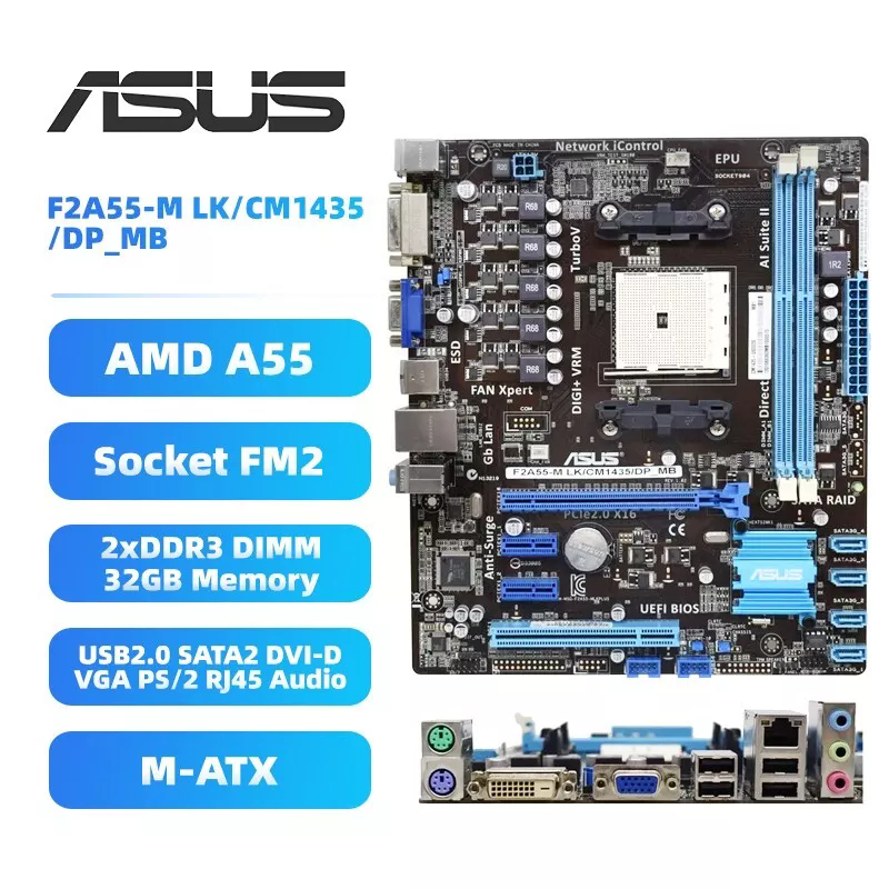 ใช้ AMD A55 Motherboared ASUS F2A55-M LK/CM1435/DP_MB FM2 DDR3 SATA2 DVI-D VGA Audio สําหรับ AMD A10