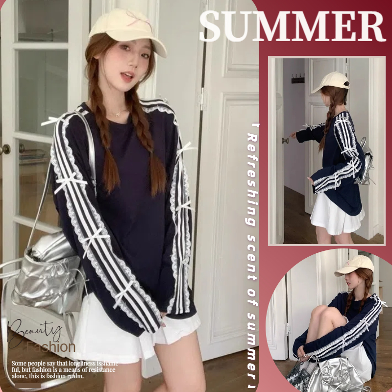 NZN สไตล์ใหม่โบว์เย็บแขนยาวเสื้อยืดสาวร้อนฤดูใบไม้ร่วงแฟชั่นสีกรมท่าด้านบน