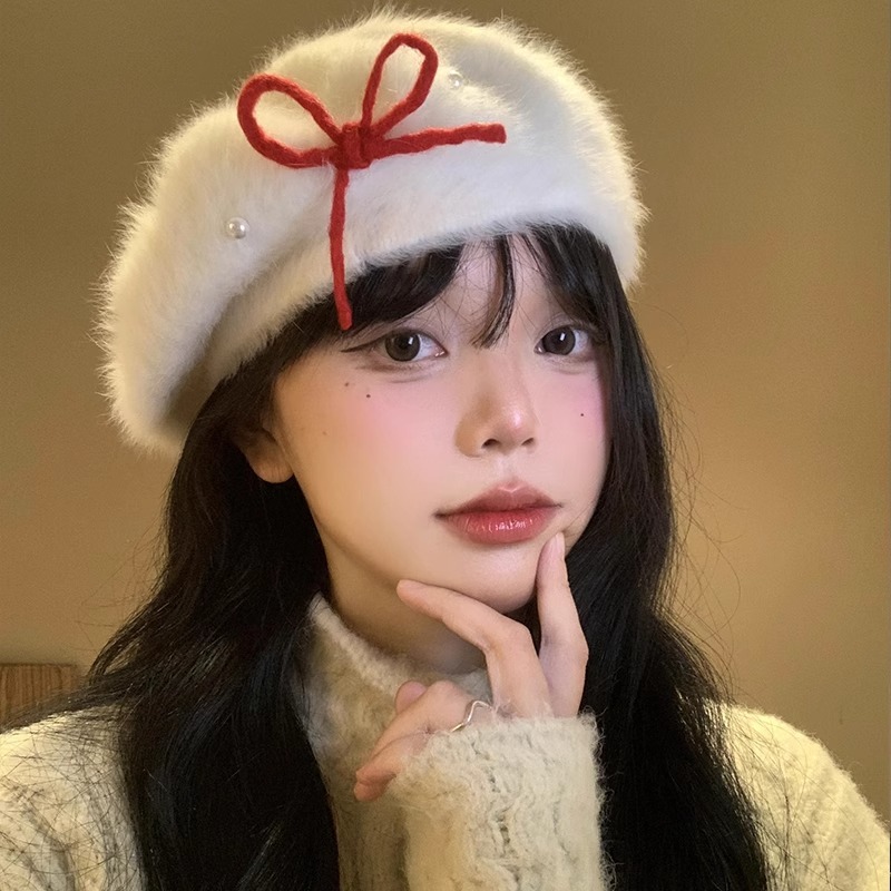 โบว์สีขาวตุ๊กตา Beret หญิงฤดูใบไม้ร่วงฤดูหนาวสไตล์เกาหลี All-Match จิตรกรหมวกขนาดเล็กหมวก Beret อบอุ่น