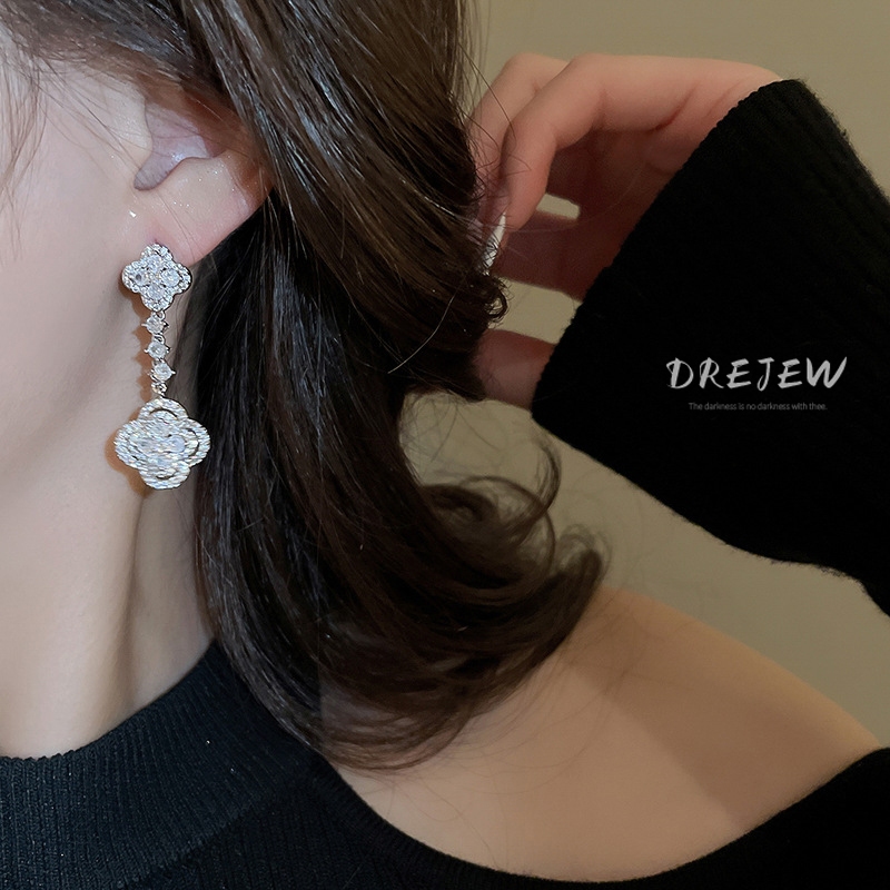 DREJEW เดรช เข็มเงินระดับไฮเอนด์เพทายดอกไม้จี้ต่างหูแสงหรูหราแฟชั่นต่างหู