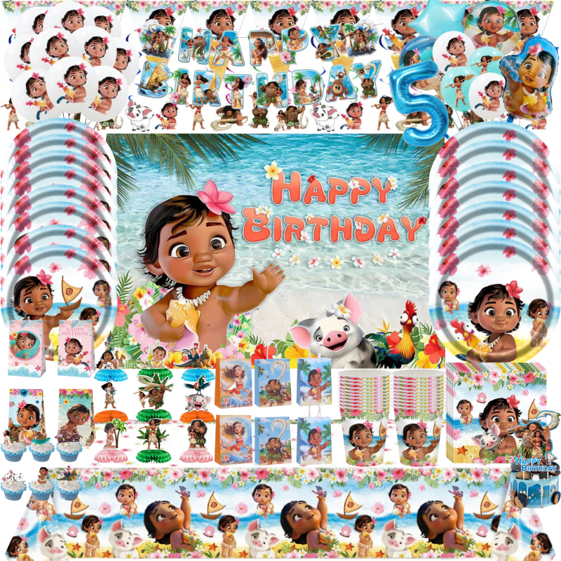 Moana เด็กผู้หญิง Theme Tablecover ของขวัญกระเป๋าแผ่น Cupcake Topper บอลลูนสุขสันต์วันเกิดผ้าเช็ดปากตกแต่งผ้าปูโต๊ะ