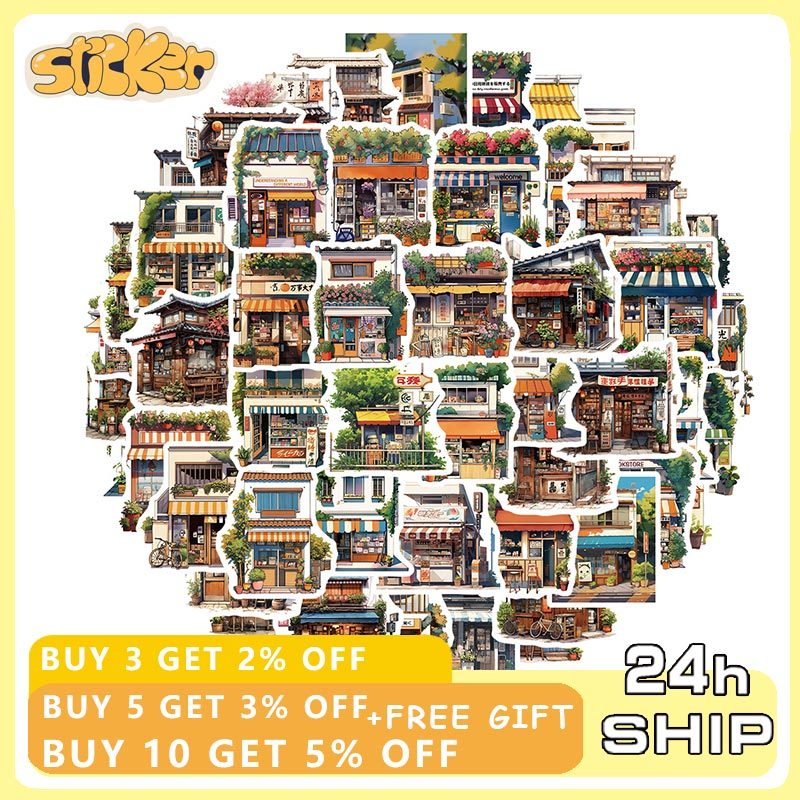 55 ชิ้นสไตล์ญี่ปุ่น Anime Street Shop สติกเกอร์ Vintage Building การ์ตูน Decals Graffiti สติกเกอร์ของเล่น