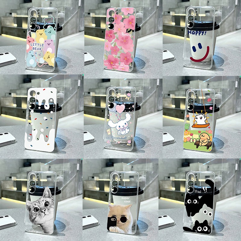 เคสสําหรับ Samsung S24 FE, A55, S23 FE 5G น่ารัก Simple Cat สุนัขการ์ตูนคู่ Soft ฝาครอบโปร่งใส