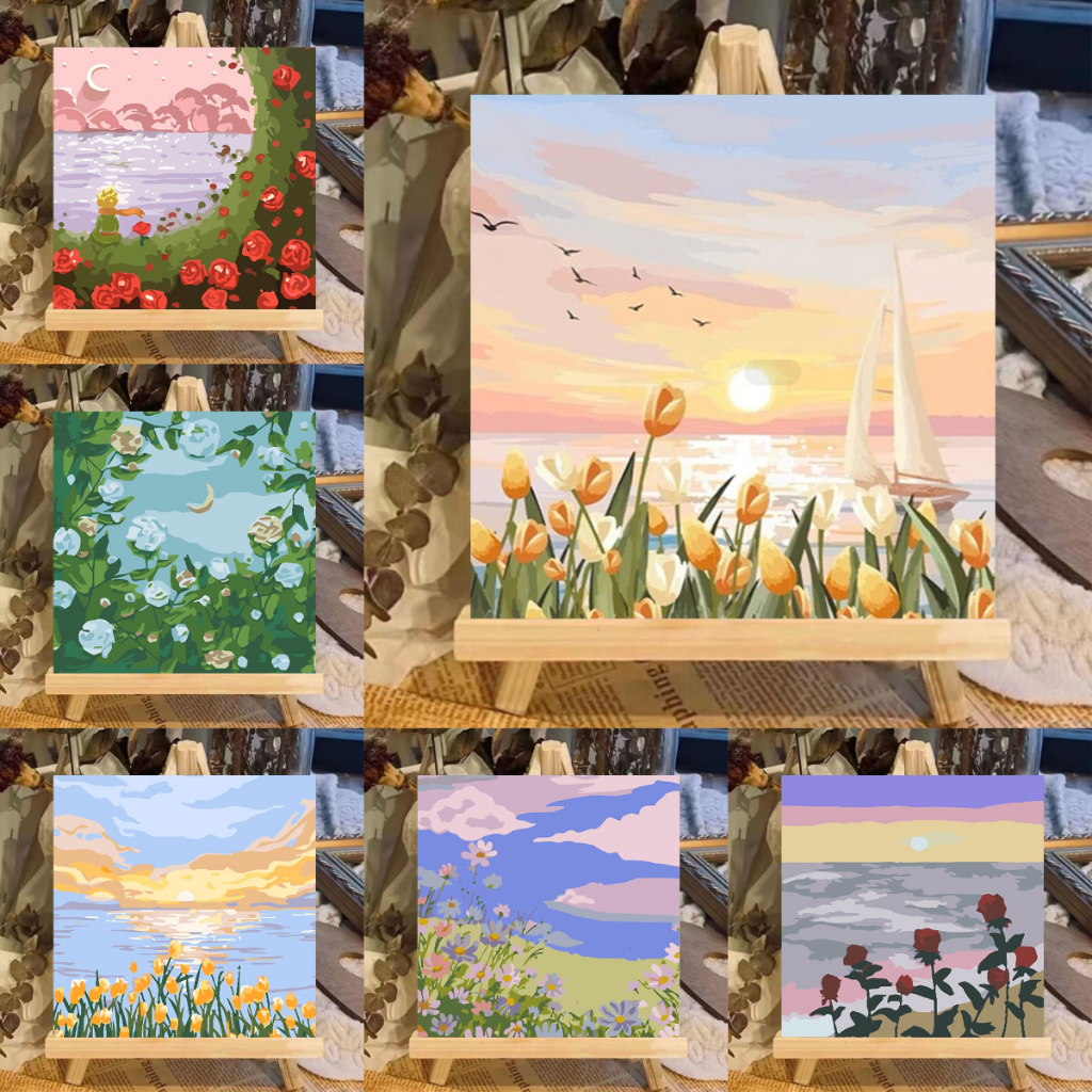 ทําเอง จิตรกรรมสีน้ํามันดิจิตอล/ตกแต่งผนังบ้าน/20  20ซม. พร้อมกรอบ/ดอกไม้/ปูน/ดอกทานตะวัน