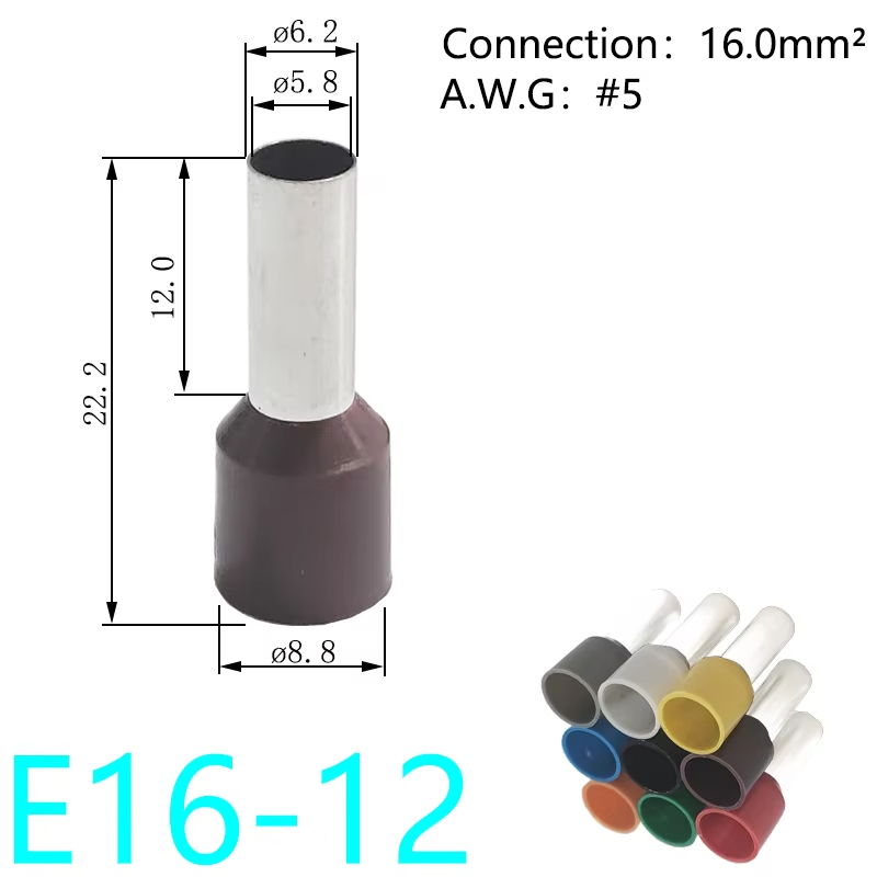 E16-12 ขั้วต่อสายไฟปลายขั้วสําหรับสายไฟ 6 มม. 100 ชิ้น