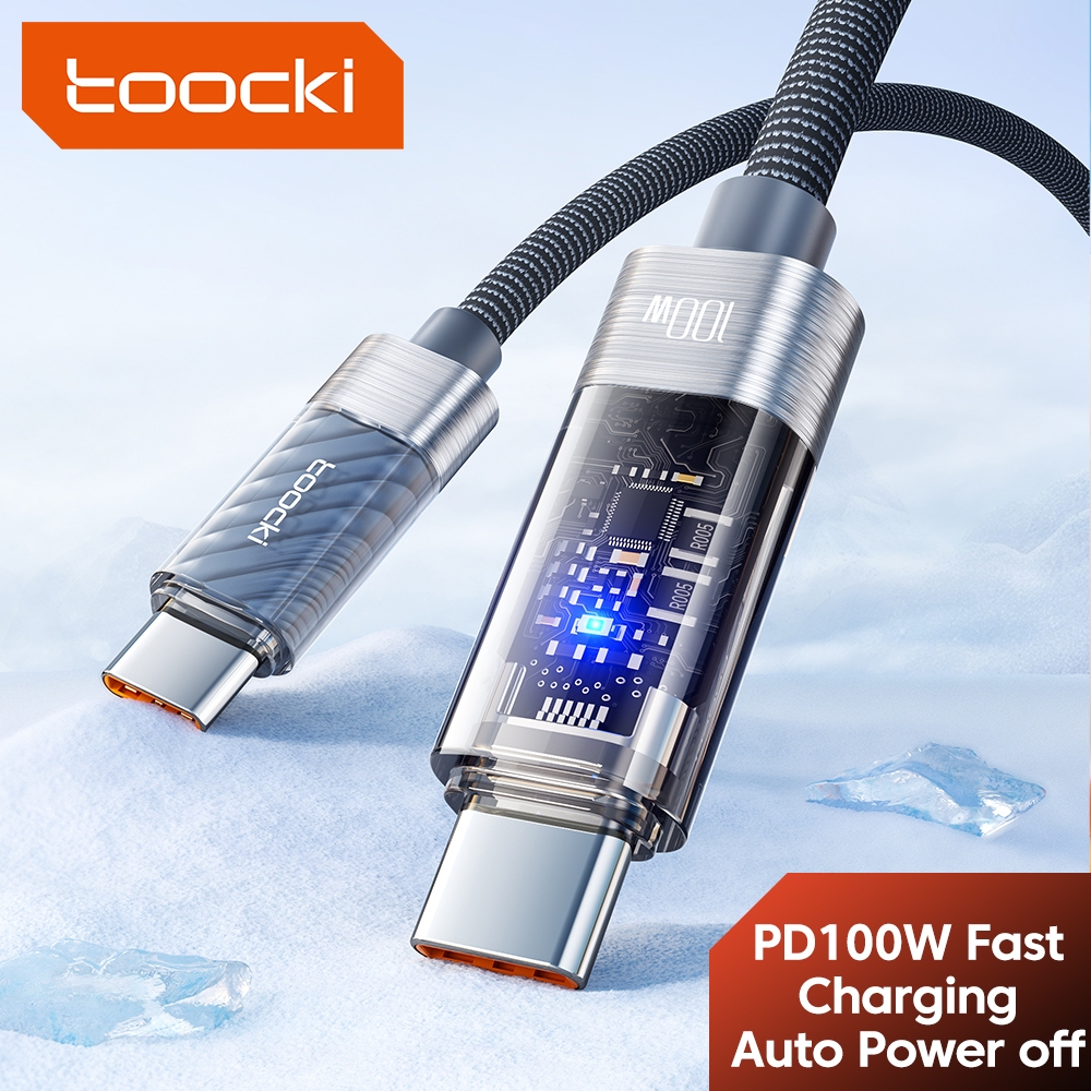 Toocki 100W ประเภท C ถึง Type C สาย LED Quick Charge PD100W USB Type C AL CL CL โปร่งใสอัตโนมัติ Power-Off Data Wire สําหรับโทรศัพท์มือถือแท็บเล็ตแล็ปท็อป