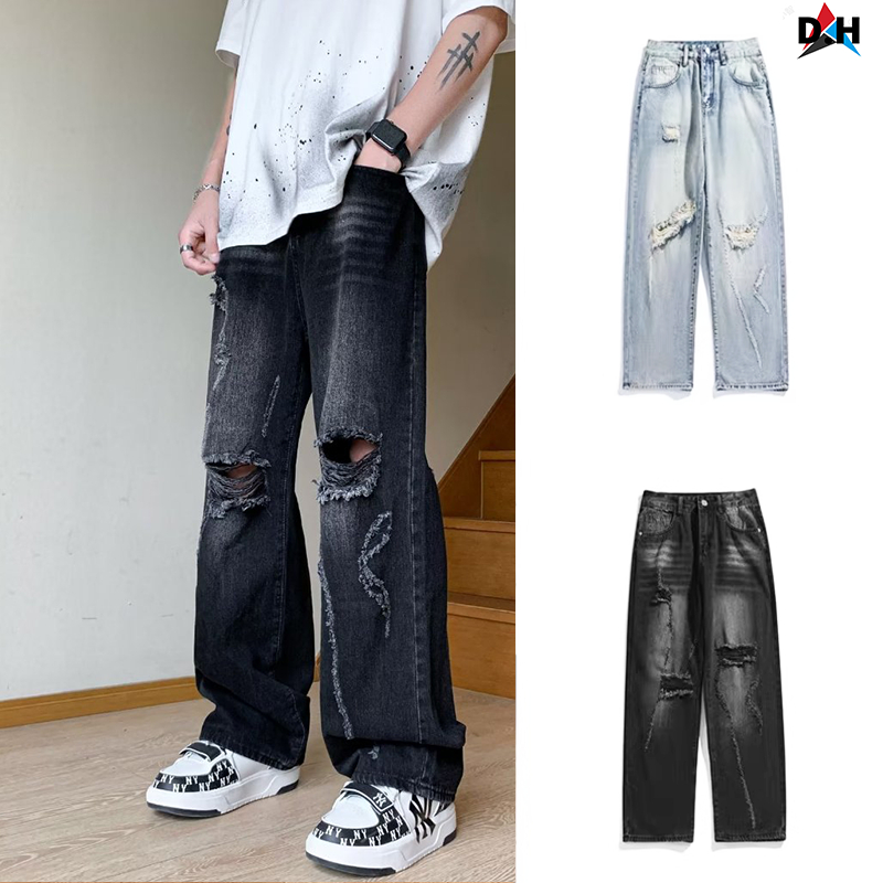 🔥D.H🔥 กางเกงยีนขากว้าง ทรงหลวม แต่งรอยขาด เข้ากับทุกการแต่งกาย แฟชั่นเรโทร สไตล์อเมริกัน สําหรับผู้ชาย