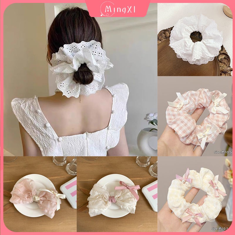 Lolita Lace Scrunchies ผู้หญิงสีชมพูโบว์เชือกผมหวานกิ๊บติดผมเครื่องประดับผม