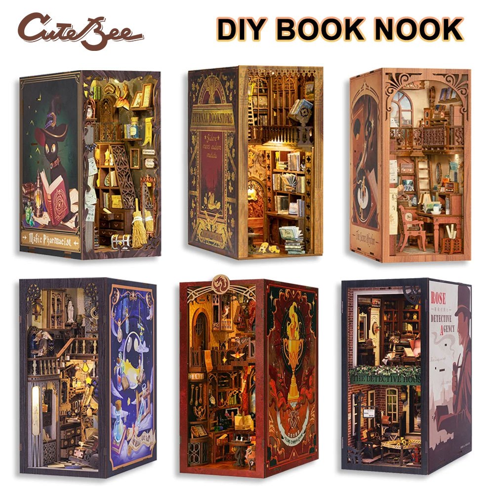 CUTEBEE DIYที่กั้นหนังสือ บ้านตุ๊กตา โมเดลบ้าน DIY Book Nook kit บ้านตัวอย่างไม้ ปริศนาจิ๊กซอว์การศึกษา