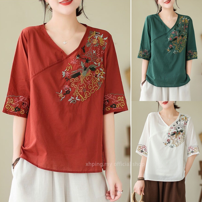 Retro สไตล์ชาติพันธุ์สีทึบ V คออุตสาหกรรมหนักปักเสื้อเสื้อ All-Match Casual Top