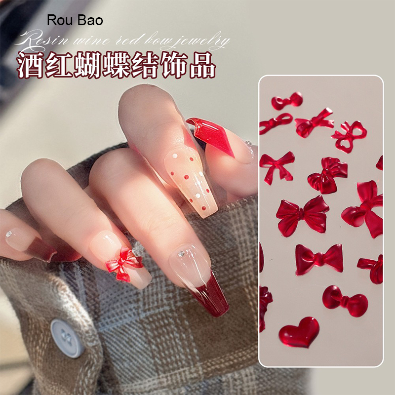 Rou Bao 50 ชิ้นเล็บผสมไวน์แดงโบว์หลายสไตล์ Girly 3D เรซิ่นเล็บ Art DIY Charms ตกแต่ง