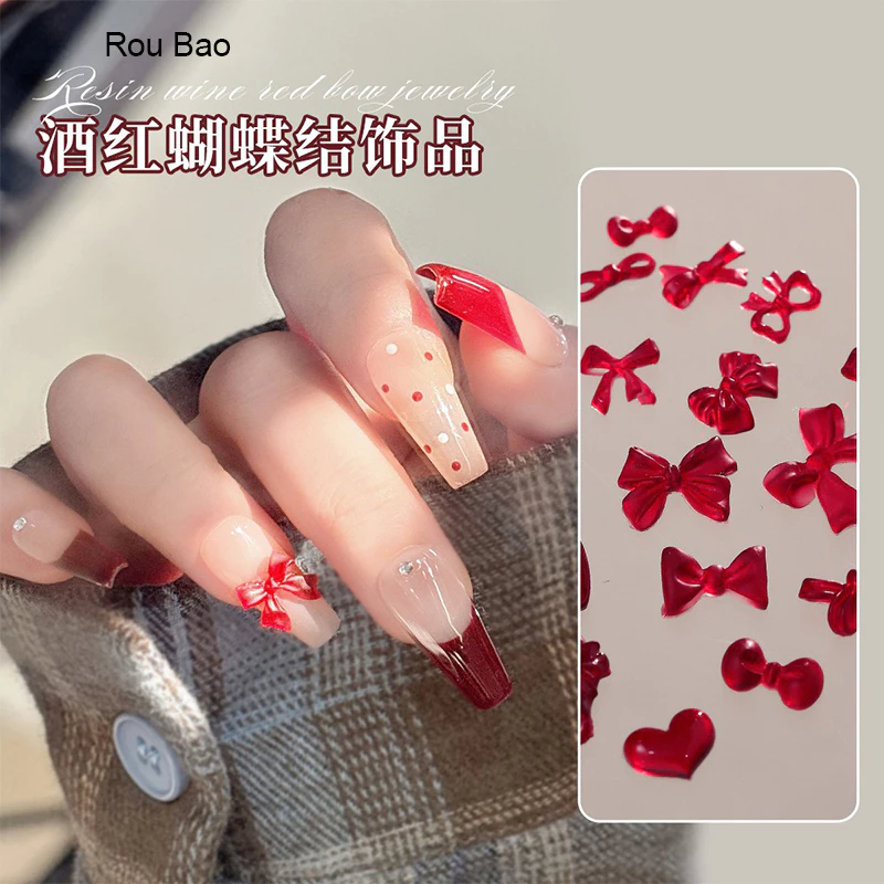 Rou Bao 50 ชิ้นเล็บผสมไวน์แดงโบว์หลายสไตล์ Girly 3D เรซิ่นเล็บ Art DIY Charms ตกแต่ง