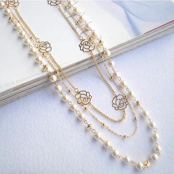 แฟชั่น Multilayer Pearl Rose ดอกไม้สร้อยคอจี้เสื้อกันหนาวเครื่องประดับของขวัญสําหรับผู้หญิง