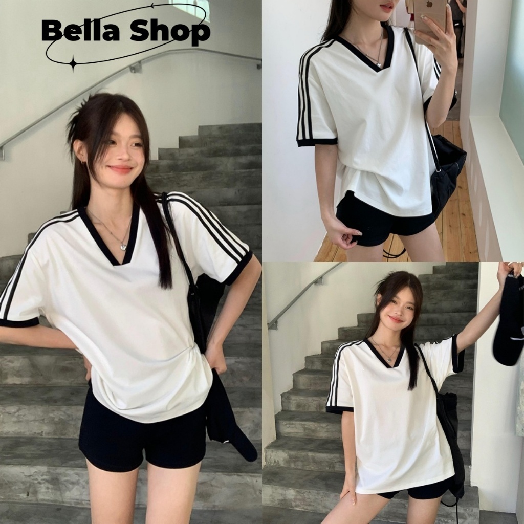 Bella Shop สีขาว V คออเมริกันแขนสั้นเสื้อยืดผู้หญิงสไตล์ใหม่ลายหลวมเกาหลี ไม่เป็นทางการ เสื้อยืด Top