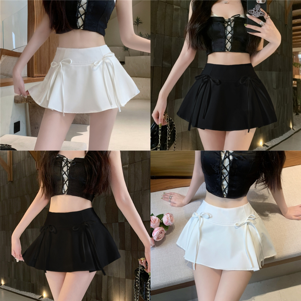 Luna Shop กระโปรงสีขาวสำหรับผู้หญิง ฤดูร้อน ผูกโบว์ กระโปรงทรงเอ แฟชั่นสาวร้อน กระโปรงจีบสาว