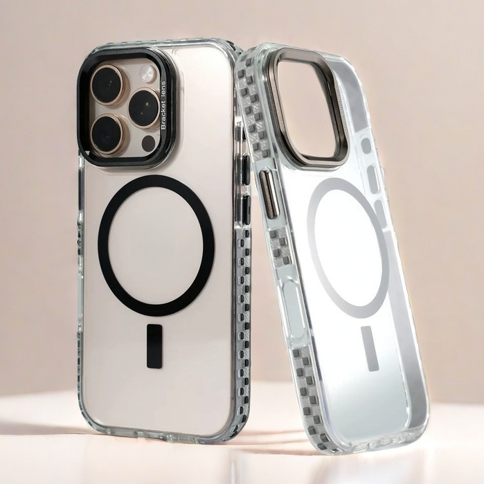 【Transparent acrylic hard case/With Metal bracket/Black】เคส compatible for iphone 11 12 13 14 15 16 pro max case