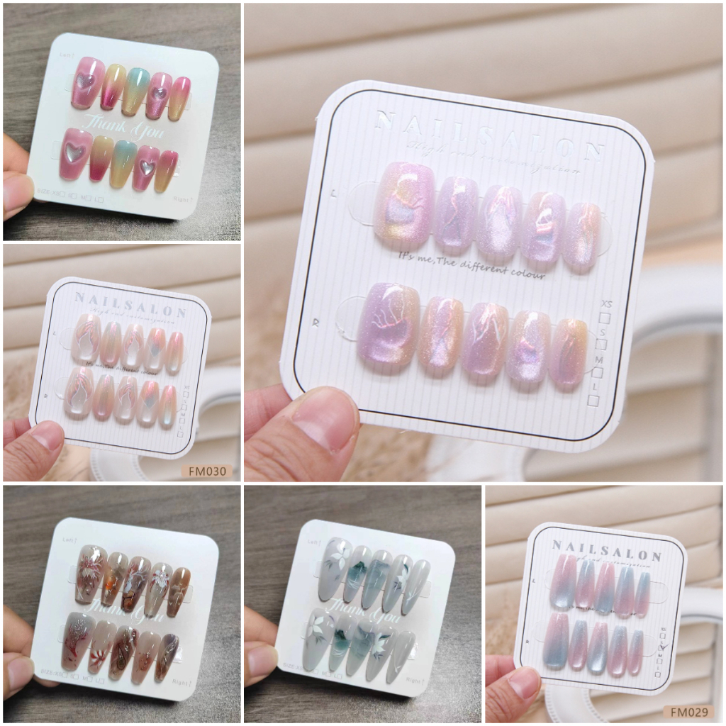 ทําด้วยมือกดบนเล็บ 10 ชิ้นภาพวาดหมึกสไตล์ Cat Eye Design เล็บปลอมพร้อมเจลเยลลี่
