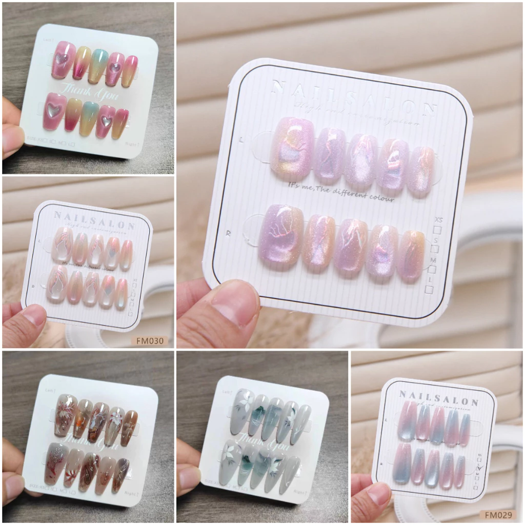 ทําด้วยมือกดบนเล็บ 10 ชิ้นภาพวาดหมึกสไตล์ Cat Eye Design เล็บปลอมพร้อมเจลเยลลี่