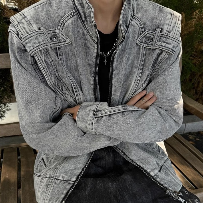 Pannofluxus แจ็คเก็ตยีนส์ผู้ชายอเมริกันย้อนยุคหลวมสบายๆสไตล์ถนนออกแบบเย็บปะติดปะต่อกันแจ็คเก็ตรถจักรยานยนต์คุณภาพสูง