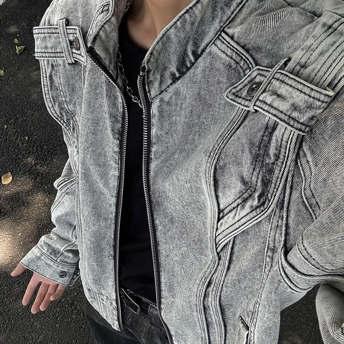 Pannofluxus แจ็คเก็ตยีนส์ผู้ชายอเมริกันย้อนยุคหลวมสบายๆสไตล์ถนนออกแบบเย็บปะติดปะต่อกันแจ็คเก็ตรถจักรยานยนต์คุณภาพสูง