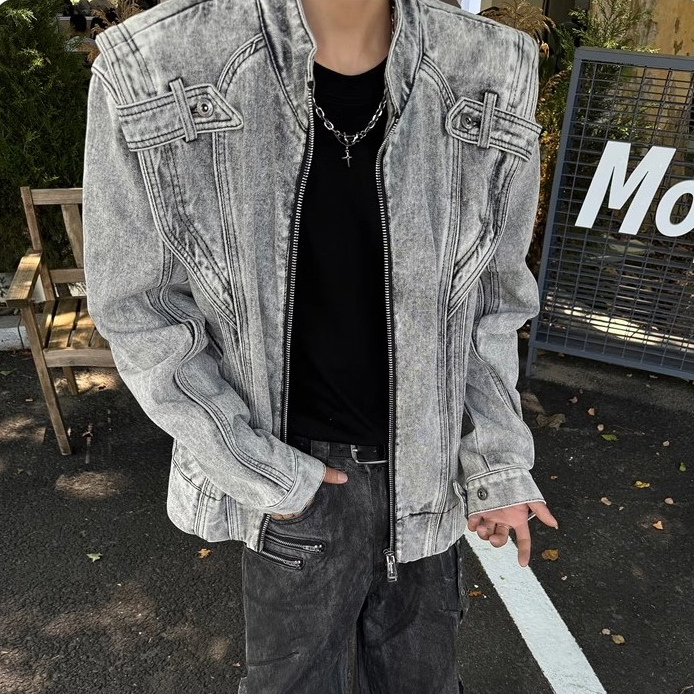 Pannofluxus แจ็คเก็ตยีนส์ผู้ชายอเมริกันย้อนยุคหลวมสบายๆสไตล์ถนนออกแบบเย็บปะติดปะต่อกันแจ็คเก็ตรถจักรยานยนต์คุณภาพสูง