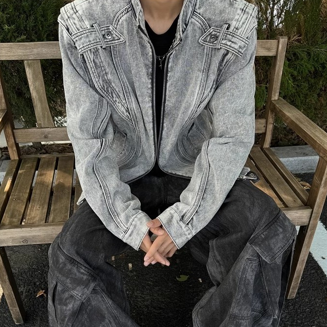 Pannofluxus แจ็คเก็ตยีนส์ผู้ชายอเมริกันย้อนยุคหลวมสบายๆสไตล์ถนนออกแบบเย็บปะติดปะต่อกันแจ็คเก็ตรถจักรยานยนต์คุณภาพสูง