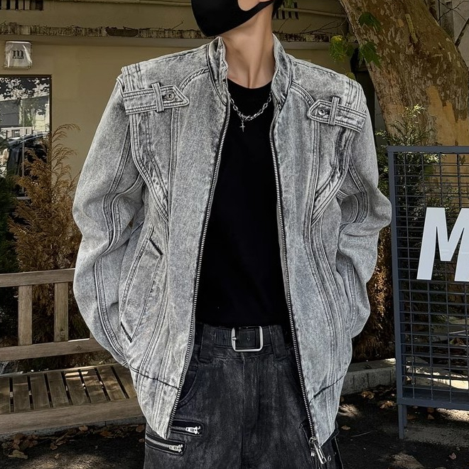 Pannofluxus แจ็คเก็ตยีนส์ผู้ชายอเมริกันย้อนยุคหลวมสบายๆสไตล์ถนนออกแบบเย็บปะติดปะต่อกันแจ็คเก็ตรถจักรยานยนต์คุณภาพสูง