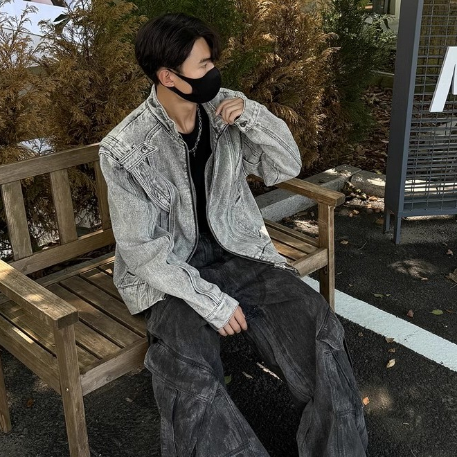 Pannofluxus แจ็คเก็ตยีนส์ผู้ชายอเมริกันย้อนยุคหลวมสบายๆสไตล์ถนนออกแบบเย็บปะติดปะต่อกันแจ็คเก็ตรถจักรยานยนต์คุณภาพสูง