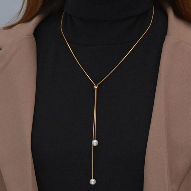 Lanxiu แฟชั่นเลียนแบบจี้มุกสุภาพสตรีสร้อยคอยาวเสื้อกันหนาว Clavicle Chain เครื่องประดับของขวัญ