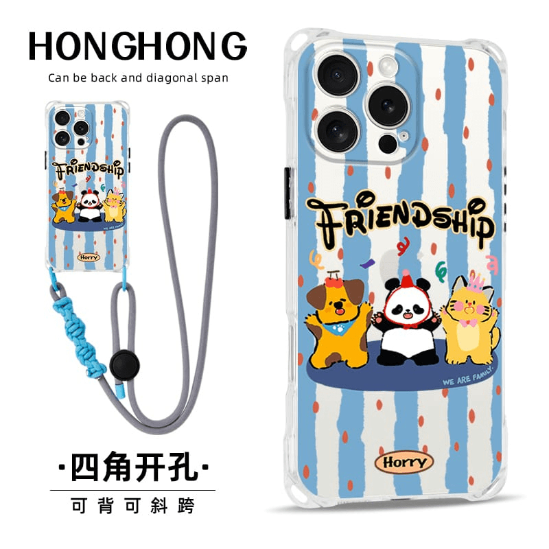 สําหรับเคส IPHONE 16 15 14 13 12 11 PRO MAX X XR XS MAX เชือกเส้นเล็กสี่มุมปาร์ตี้สัตว์ป้องกันการตก