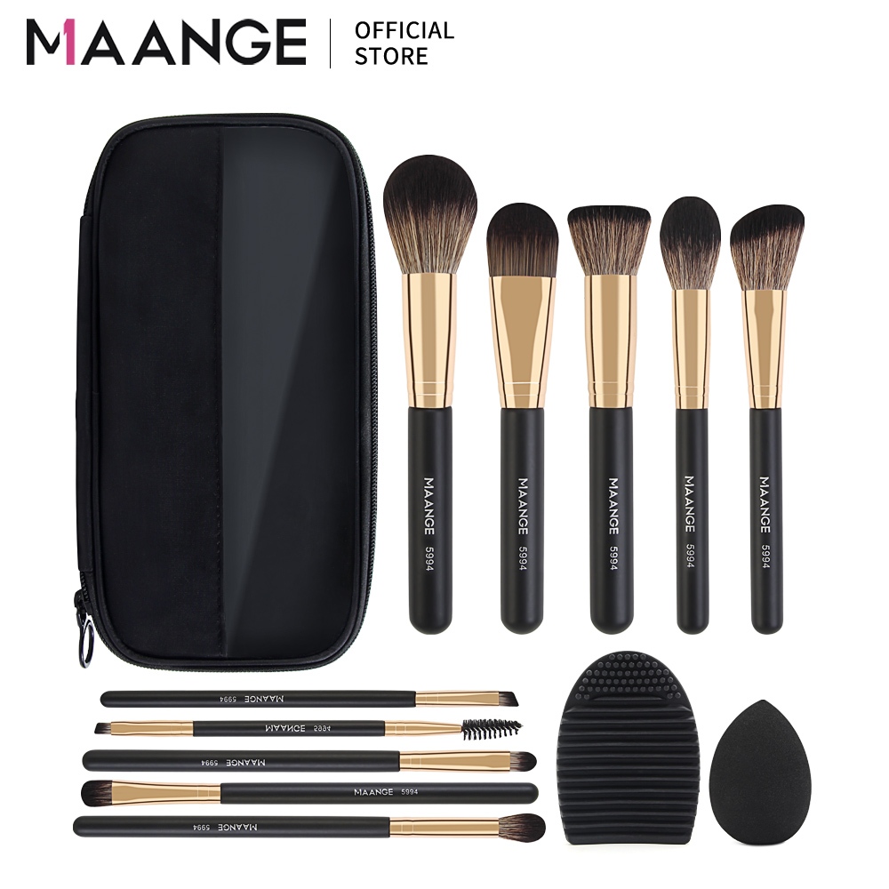 MAANGE แปรงแต่งหน้า 10ชิ้น​ พร้อมถุง ขนแปรงนุ่ม ด้ามจับไม้ไม่เป็นขุย ชุดแปรงแต่งหน้ามืออาชีพ พร้อมฟองน้ำแต่งหน้าและแปรงทำความสะอาด ชุดแปรง
