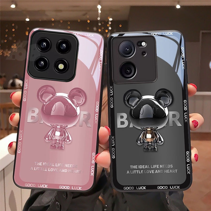 For เคส Xiaomi 14T 12T 13T 11T 10T Pro เคส โทรศัพท์มือถือแบบแก้ว กันกระแทก ลายหมีโลหะ หรูหรา สําหรับ