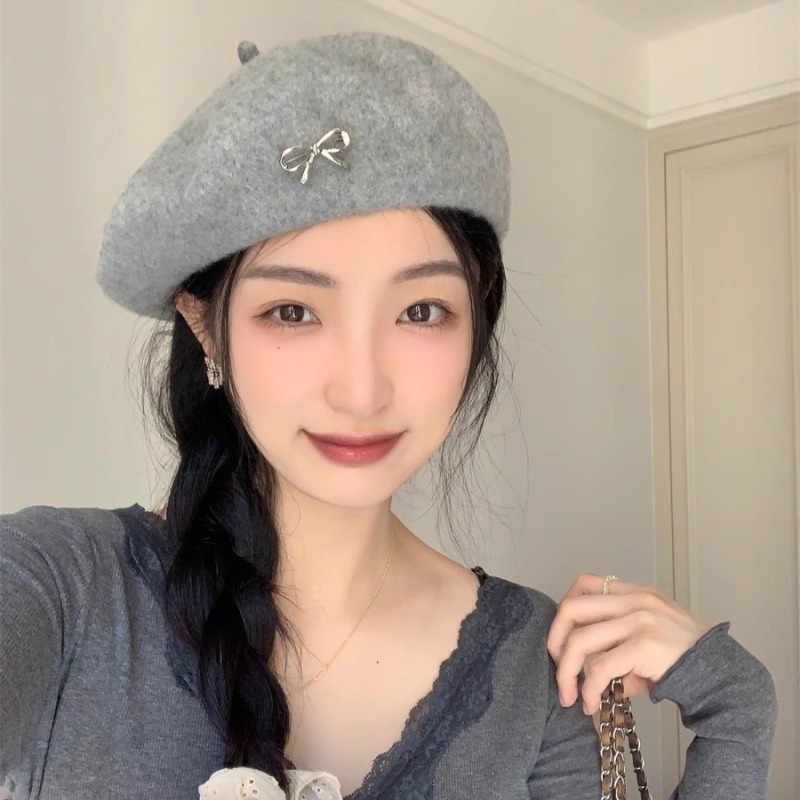 ใส่ต้นฤดูใบไม้ร่วง~bowknot Wool Beretหญิงสไตล์ญี่ปุ่นหวานAll-Matchอารมณ์Retroแฟชั่นจิตรกรหมวกอินเทรนด์