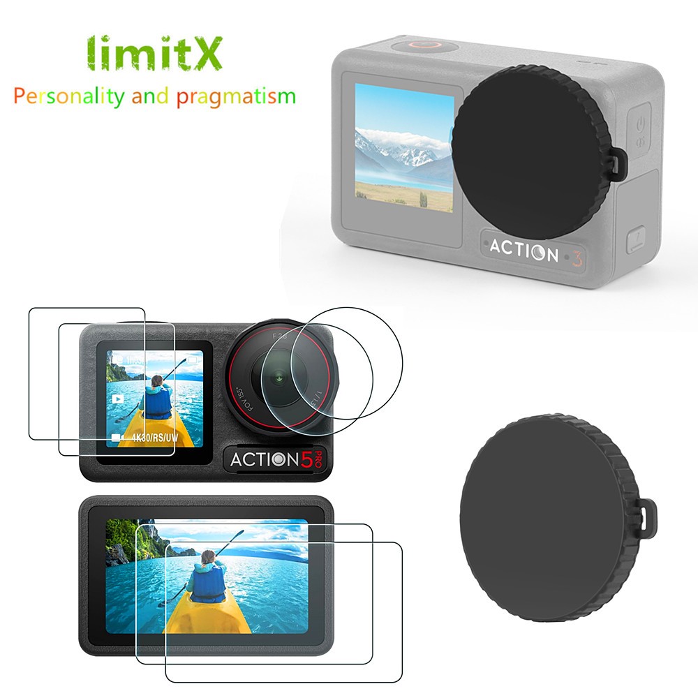 สําหรับ DJI Action 5 Pro 2 Pack 9H ความแข็งกระจกนิรภัยหน้าจอ LCD + ตัวป้องกันเลนส์ + ฝาครอบเลนส์ยาง