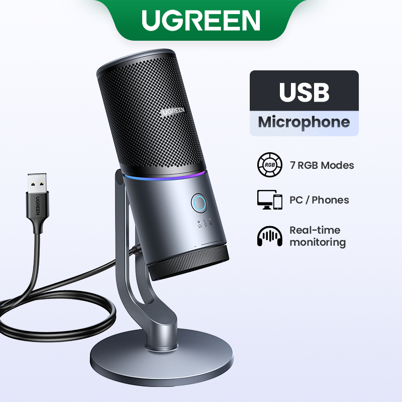 Ugreen ไมโครโฟน USB 7 โหมด ไฟ RGB 180° ปรับแนวตั้ง การตรวจสอบแบบเรียลไทม์ Cardioid Polar Pattern Mic