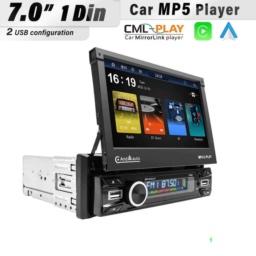 7 นิ้วไร้สาย Android Auto CarPlay 1Din วิดีโอมัลติมีเดีย MP5 Player Retractable หน้าจอสัมผัสกระจก Link รถ BT/FM/USB/AUX