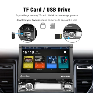 7 นิ้วไร้สาย Android Auto CarPlay 1Din วิดีโอมัลติมีเดีย MP5 Player Retractable หน้าจอสัมผัสกระจก Link รถ BT/FM/USB/AUX
