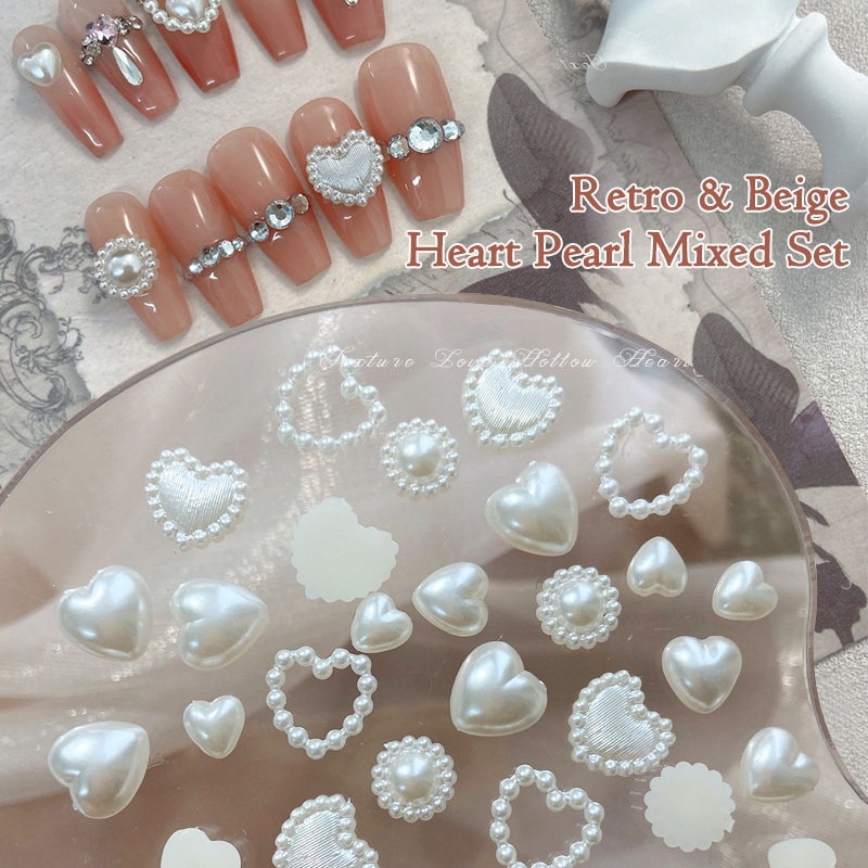 สติกเกอร์ตกแต่งเล็บ DIY Retro Pearl Love Heart ด้านล่างแบนเพชรชุดผสม 100 ชิ้น