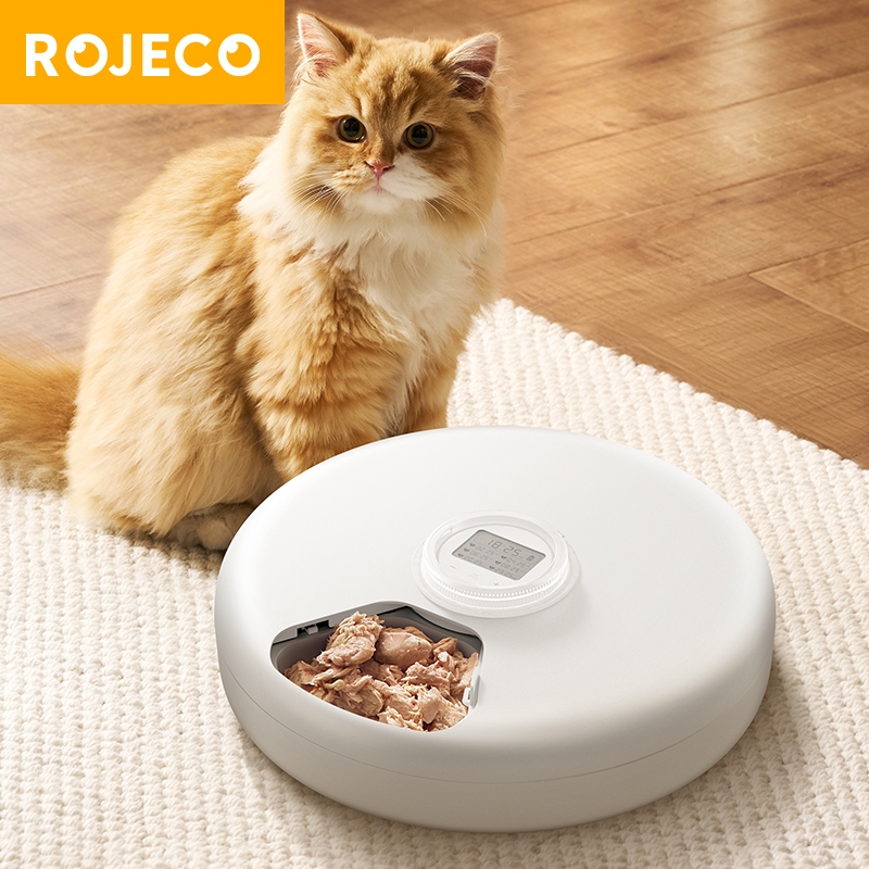 Rojeco เครื่องป้อนอาหารเปียกอัตโนมัติสําหรับสัตว์เลี้ยงพร้อมกล่องน้ําแข็ง 6-Meal Feeder พร้อมตัวจับเวลาแบบตั้งโปรแกรมได้สําหรับแมวและสุนัข