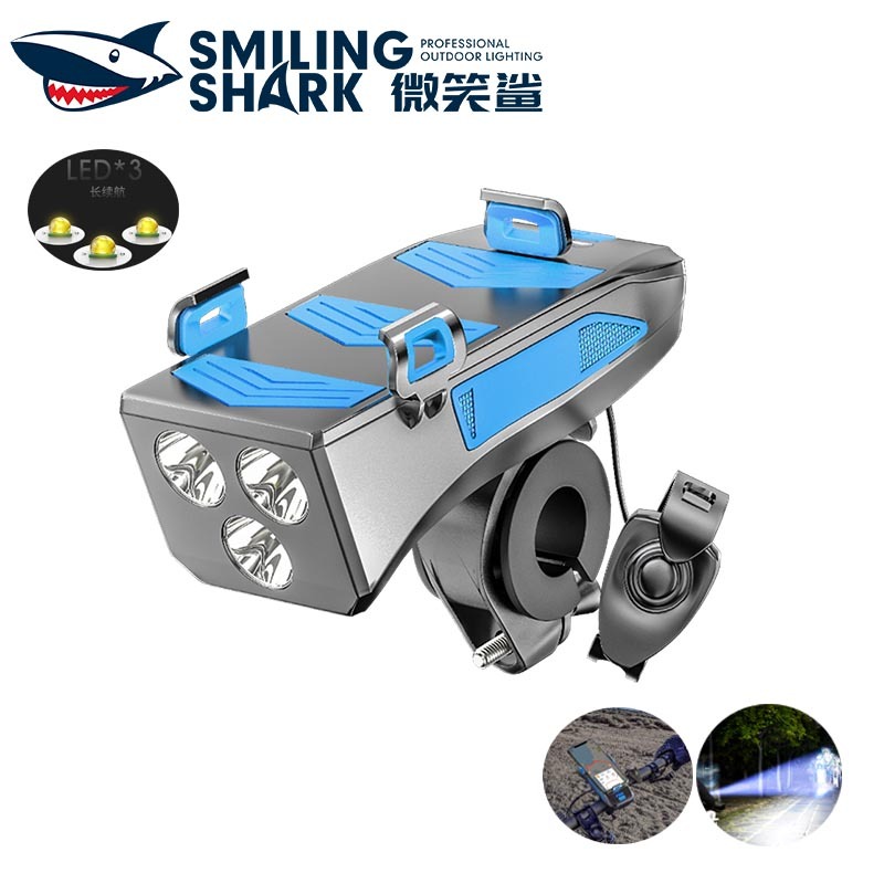SmilingShark F570 ไฟจักรยาน ไฟแอลอีดี*3 พร้อมฟังก์ชั่นทรัมเป็ต / ที่วางโทรศัพท์มือถือ ไฟจักรยาน 3โหมด ชาร์จ USB ได้ ตัวบ่งชี้แบตเตอรี่ กันน้ำสำหรับการขี่จักรยานตอนกลางคืน