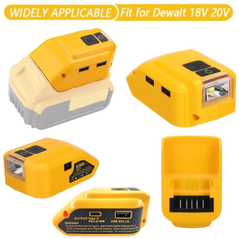 อะแดปเตอร์แบตเตอรี่สําหรับ DEWALT 14.4V/18V/20V แบตเตอรี่ลิเธียมแปลงอะแดปเตอร์แปลงไฟแบบพกพาพร้อมพอร์ตเอาต์พุต USB Type-C พร้อมไฟ LED ทํางาน