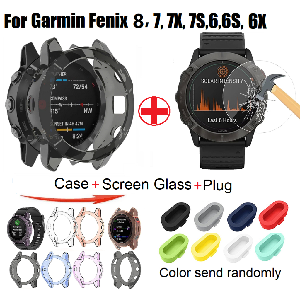 Case+Glass+Dust Plug For เคส Garmin fenix 8 Case ฟิล์ม Garmin Fenix 7 Case/Fenix 7X / Fenix 7S / Fenix 6 ฟิล์ม Fenix 6 pro / Garmin Fenix 6X Case Fenix 5,5X,5S, Fenix 6X Tempered Glass Fenix 6X Pro, Garmin fenix 8 เคส Clear TPU Cover Garmin fenix 8 ฟิล์ม