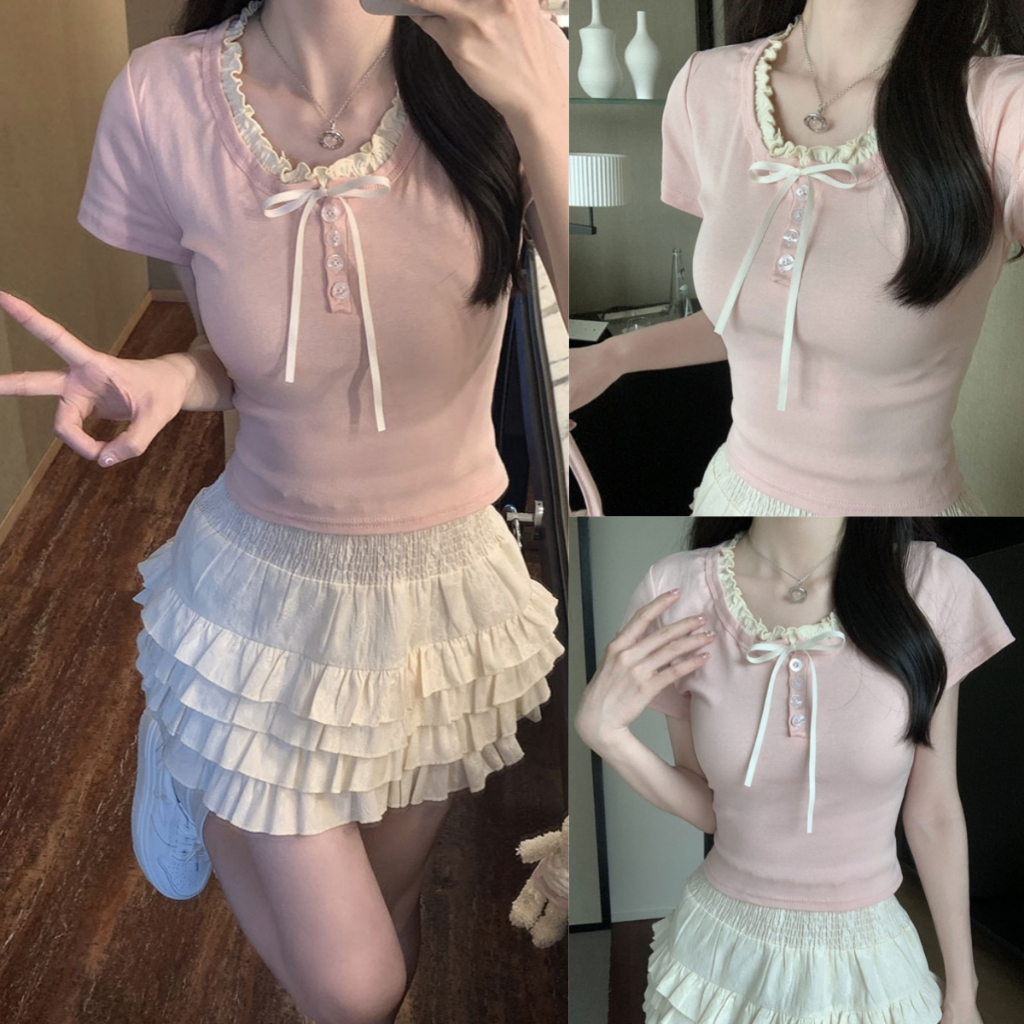 Bella Shop สไตล์หวานน่ารัก ระบาย โบว์ เสื้อยืดแขนสั้นสีชมพู เสื้อตัวบนเข้ารูปสุดฮอต