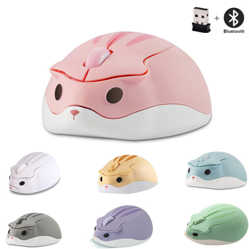 2.4g + เมาส์ไร้สายบลูทูธน่ารักหนูแฮมสเตอร์เมาส์ 3D เมาส์เงียบสําหรับแล็ปท็อปพีซีเด็กของขวัญ