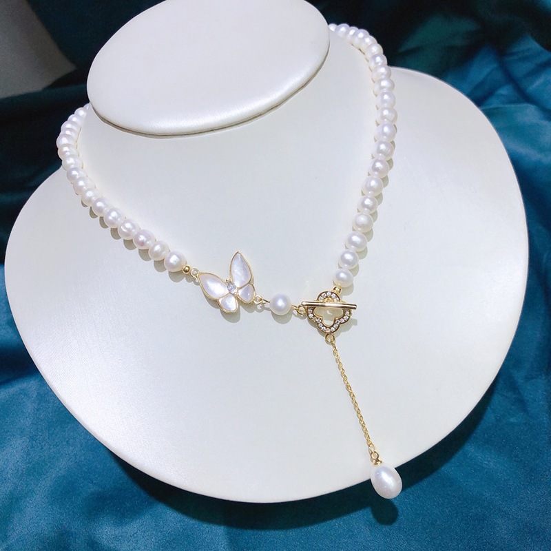 6-7 มม. สร้อยคอมุกน้ําจืดธรรมชาติวินเทจผีเสื้อโคลเวอร์สี่ใบOTหัวเข็มขัดโซ่กระดูกไหปลาร้า