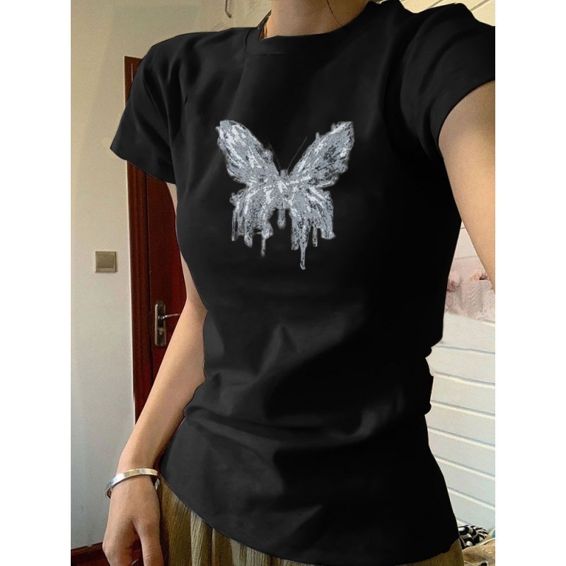 เสื้อยืด baby tee ผ้าฝ้าย 100% เสื้อครอป y2k สีดํา เสื้อยืดสลิมฟิตพิมพ์เสื้อแขนสั้นฤดูร้อน