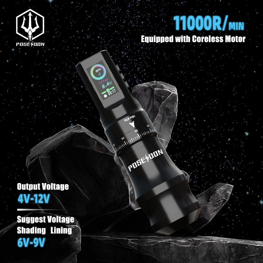 ปากกาสัก POSEIDON พร้อมพลังงานไร้สายความจุ 1800mAh, เครื่องสักพร้อมจอแสดงผล LED ดิจิตอลและจังหวะปรับได้, ปากกาสักไร้สาย อุปกรณ์สักสําหรับศิลปิน